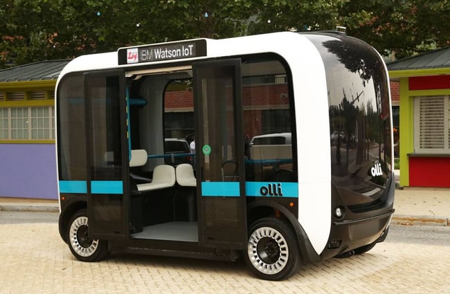 Olli from the outside. Image courtesy of Local Motors: https://localmotors.com/posts/2016/06/local-motors-debuts-olli-first-self-driving-vehicle-tap-power-ibm-watson/