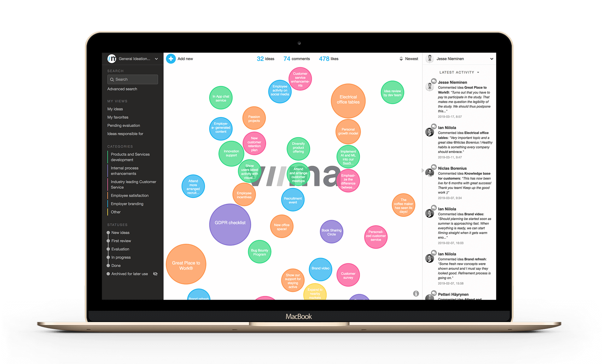 An innovation map on a Viima board