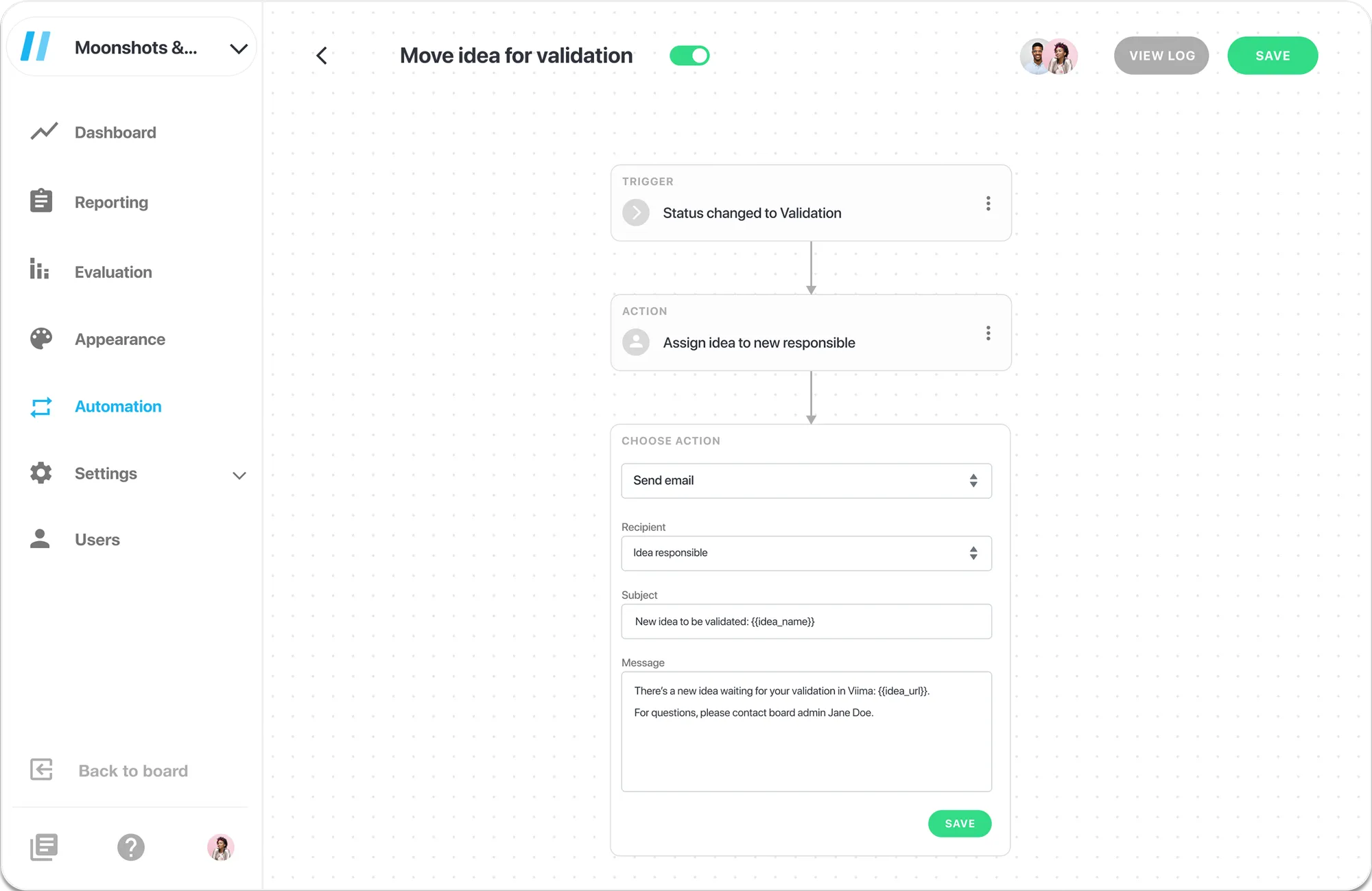 Viima workflow automation screenshot